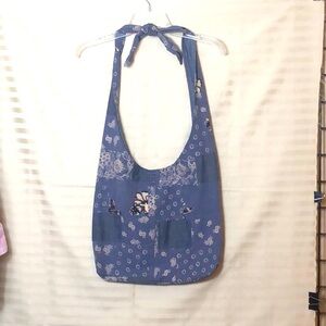 Handmade Unique Shoulder Bag Tote Blue Patchwork Lined Fabric M/L EUC Tie Strap